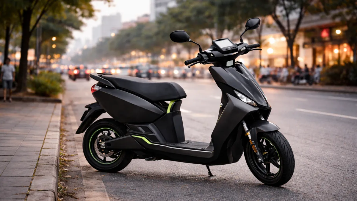 Person riding an electric scooter on an Indian city road