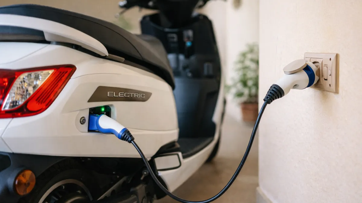 Electric scooter being charged at home using a regular power socket