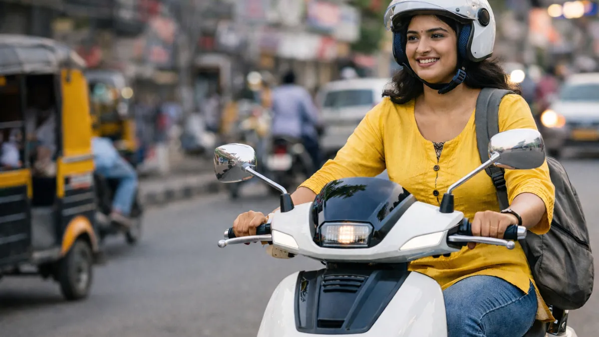 Person riding an electric scooter on a busy Indian city road